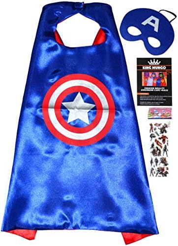 Captain America Cape and Mask + Stickers! For Kids Superhero Boys Girls - Superheroes Party Costume Children Fancy Dress up Capes for 2 to 11 years - Satin Double Layer - King Mungo - KMSC034