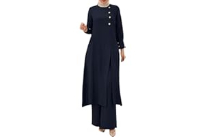 NaLatia Muslimische Kleidung für Damen, langärmelig, locker, Ramadan-Trainingsanzug, islamische Kleidung, Bluse, weites Bein, Hose, Anzüge, 2 Stück Freizeitanzug Damen