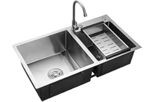 Shiyinge Fregadero de cocina con 2 bandejas, fregadero empotrado, rectangular, con escurridor, acero inoxidable, estante doble, fregadero de cocina, fregadero empotrado, doble