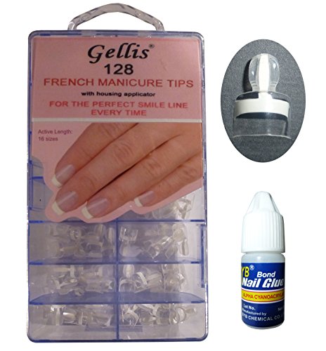 Gellis - French Manicure Nail Tips White - Thin - French Wrap Plus - 128 tips + Bottle of Nail Glue