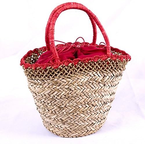 Straw Bag Sea Bucket Red Lace d31h26