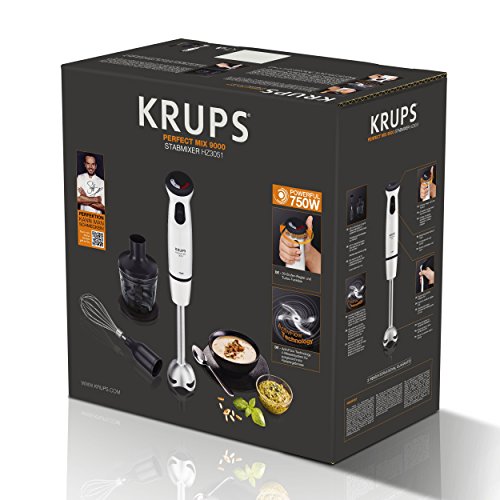 Krups HZ3051 Stabmixer Perfect Mix 9000 Plus inkl. Mixbecher, Mini-Zerkleinerer und Schneebesen, 4-Messer, 20 Geschwindigkeitsstufen, Turbostufe, 750 W, hochglanz weiß / grau / edelstahl gebürstet - 9