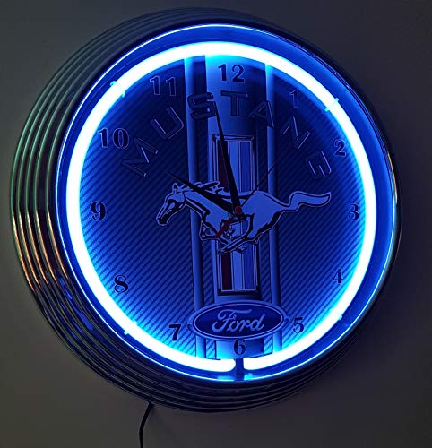 Neon Horloge Mustang carbone Garage Horloge murale lumineux avec Neon bleues Bague rétro Publicité Publicité pour votre domicile