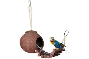 AchidistviQ Coconut Shell Bird House with Ladder,Hamster Coconut Hideaway Cage Toys,Natural Coconut Hideout for Small Animals Habitats Nest Hut 1#