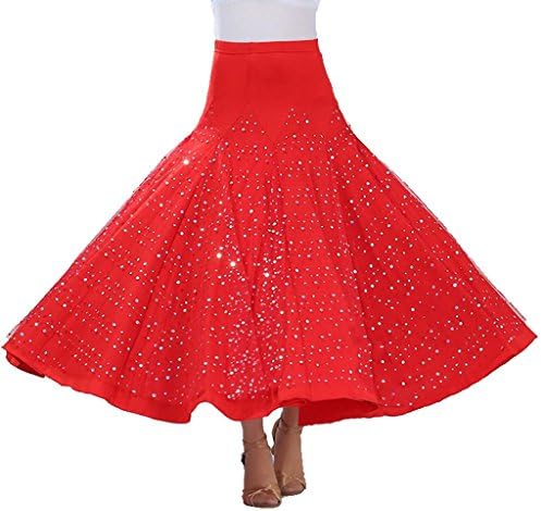 Byjia Sequins Flounce Skirts Skater Rock Waltz Competition Party Women'S Skirt Long Swing Dress Modern Tango Standard Ballroom Dress . Red . F