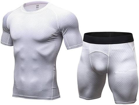 Hot Sale Fitness Men Sport Suit Quick Dry Shorts And T-shirts Summer Running Set High Elastic Jogging Men's Sportswear ,White,XXL