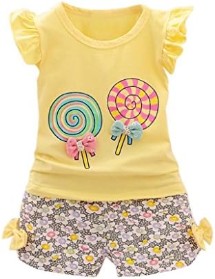 Baby Girls Clothes Set, LILICAT 2PCS Toddler Kids Baby Girls Outfits Lolly Lollipop Flower Print T-Shirt Tops+Short Pants Clothes Set Size 1-4 Year (Yellow, 3-4 Year)