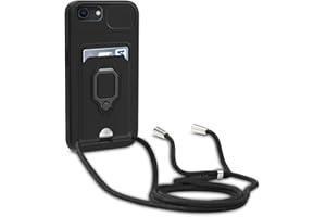 Dllatui Handyhülle Kompatibel mit iPhone 8/7/6/6s/SE 2020 Halsband Lanyard Silikonhülle,mit Kamera Schutz Schieber,Drehbarer Ständer mit Kartenfach Necklace Hülle (Schwarz)