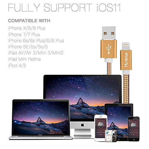 Hunletai C  ble iPhone  1M Lot DE 2  Chargeur iPhone M  tal Cable Lightning vers USB pour iPhone x 8 8 Plus 7 7 Plus SE 6s 6s Plus 6 6 Plus 5c 5s 5  iPad Pro Air Mini -Golden
