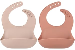 COTTONBEBE Silikon Lätzchen Baby, Baby Lätzchen mit Auffangschale, BPA-Frei Abwaschbar Wasserdichte Baby Fütterlätzchen für Mädchen und Junge, 4 Verstellbaren Tasten, 2 Stück