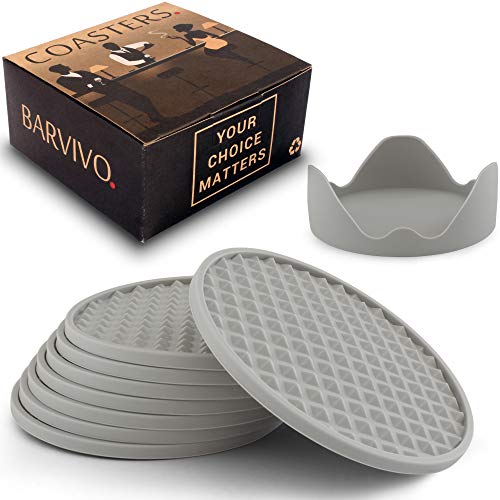 BARVIVO Set di 8 Grigio Sottobicchieri Antiscivolo con Titolare. Protezione per Qualsiasi Tipo di Tavolo o tavolino in Legno, Marmo, Vetro da Interno o Esterno. Perfetti per Tutti i Tipi di Bicchiere