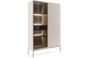 Emporius Haller Vitrinenschrank 100 cm, Glasvitrine Stehend - Highboard, Vitrine, Glasvitrine Beige mit LED und Lamellen - 166 cm hoch