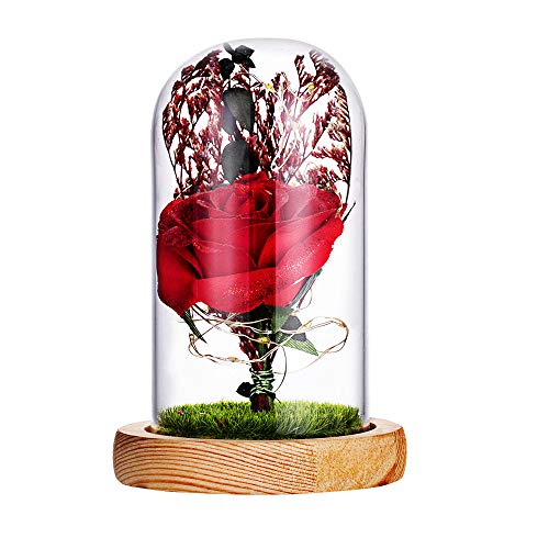 Preisvergleich Produktbild FeiBeauty Romantische unsterbliche Blumen-Mikrolandschafts-Rosen-Simulat... führte Licht EIN Holzsockel Haus Dekoration Lichterkette Haus Dekoration