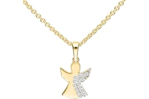 My Gold Collana con angelo custode da bambina con ciondolo in oro giallo 375/750 (9/18 carati) con zirconi per bambini, collana placcata in oro giallo 375/750