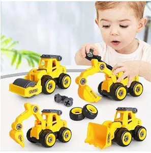 Elite Toys Pull Back Construction Vehicles Set, 4 Pack DIY Take Apart Toys Construction Trucks with 1 Screwdriver Tools, Kids Building Cars Birthday for Boys Toddlers 2,3,4,5,6,7 Year Olds