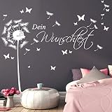 Wandtattoo Loft Wandaufkleber Pusteblume Schmetterling mit Ihrem Wunschtext/ bis zu 15 Wörter frei wählbar / 54 Farben / 3 Größen / dunkelgrau / 1,14 m Höhe x 3,59 m Breite