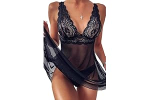 CheChury Mujer Camisón Conjunto de Lencería Halter Abierto Posterior Babydoll Encaje Ropa Interior Sexy Transparente Mujer Lingerie Escotado por Detrás Lace Ropa de Dormir Atractivo Body de Lace