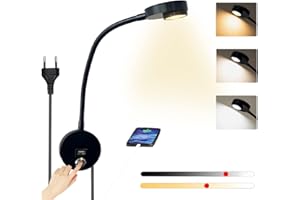 ‎YNDD YNDD Leselampe Wandmontage mit USB Anschluss, 3W Wand Leseleuchte Touch Dimmbar, Schwanenhals Wandleuchte mit Stecker und Kabel, 230V LED Bettleuchte für Bett, Schlafzimmer, Schwarz