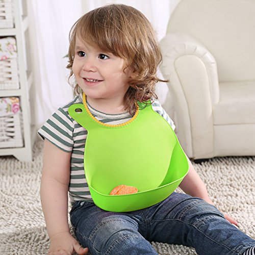 Baby lätzchen mit auffangschale | Weiches | mit wasserdichter Tasche faltbar | einfach zu reinigen | einstellbarem Halsband | BPA freiem | 2 pack,grün/gelb - 7