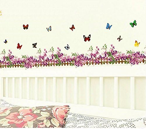 kuamai Purple Flower Butterfly Fence Vinyl Removable Stickers For Nursery Kids Bathroom Window Showcase Decor Mural Wall Sticker Decals