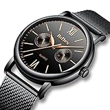 Herren Schwarz Uhren Männer wasserdicht große Gesicht Datum Kalender Edelstahl Mesh Analog Quarz Uhr Herren Luxus Geschäfts-Kleid-zufällige einfache Entwurfs-Armbanduhren mit schwarzem Vorwahlknopf