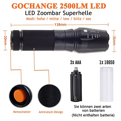 LED Zoombar 2500lm Superhelle Taschenlampe, GOCHANGE LED Handlampe, LED Camping Handlampe, LED Flashlight Mit einstellbarem Fokus / 5 Licht-Modi Wasserdicht Lampe für Outdoor Sportarten wie Camping, Wandern, Angeln - 2