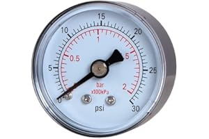 JIVTO Dry Pressure Gauge, 1-1/2" Dia,0-30 Psi,0-2 Bar, 1/8" BSPT Back Mount,Steel case, Brass Connection, PC Window