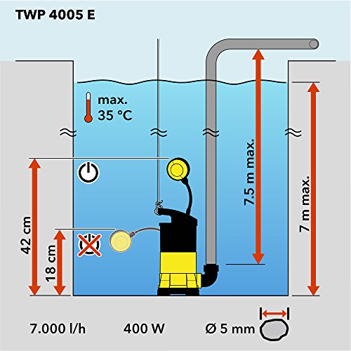 TROTEC TWP 4005 E Klarwasser Tauchpumpe flachsaugend, 400 Watt Leistung, bis zu 7.000 Liter Wasser (max. 7,5 m Tiefe), Fremdkörper bis 5 mm, Automatisches Ein- und Ausschalten dank des stufenlos einstellbaren Schwimmschalters - 7