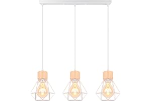 TOKIUS 3 Luces Lámpara Colgante Vintage 16CM Retro Lámparas de Techo Diseño de Jaula Blanco Luz Colgante en Madera Hierro E27 Iluminación de Techo de Interior para Comedor Cocina (Araña 3 Luces B)