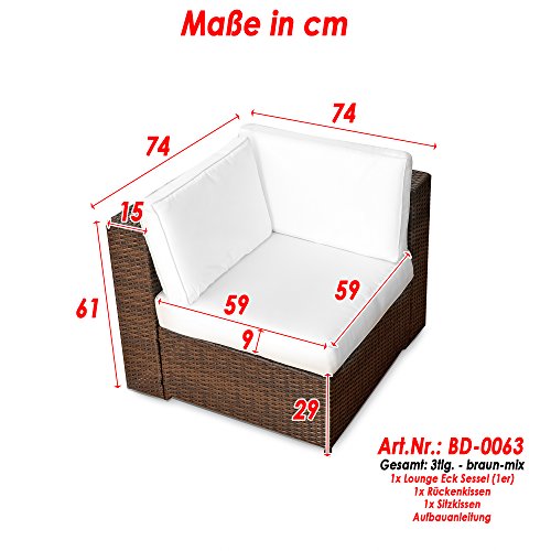 XINRO (1er) Polyrattan Lounge Eck Sessel – Gartenmöbel Ecksessel Rattan – durch andere Polyrattan Lounge Gartenmöbel Elemente erweiterbar – In/Outdoor – handgeflochten – braun - 3
