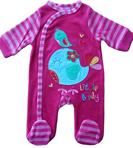 0-3 months - Baby Girls Pretty Velour Pink and Multicoloured Little Birdy Sleepsuit Onesie