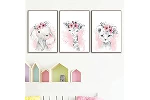 Youihom 3 Poster Fille Mural Rose Lion Elephant Girafe Fleurs Roses Tableau Animaux Chambre Enfant Affiche Bebe Decoration Murale Aquarelle 21x30 cm sans Cadre