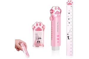 HABNI Lot de 3 Articles Papeterie en Forme de Patte de Chat Mignonne, Taille-Crayon Kawaii, Gomme, Règle, pour Élèves de l'école