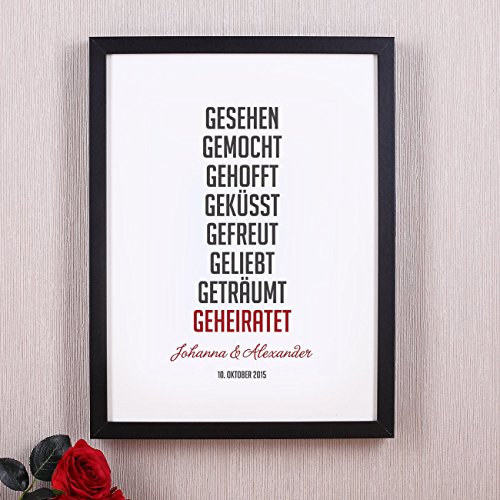 geschenke-online Spruchbild mit Lovestory und Aufdruck der Namen u. Datum zur Hochzeit - 2
