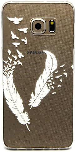 iGrelem® Ultra Light TPU Soft Case for Galaxy S6 Edge [with Free 0.3mm Tempered Glass Screen Protector], Transparent Fashion Pattern Case for Galaxy S6 Edge, Samsung Galaxy S6 Edge Back Cover (Feather, White)