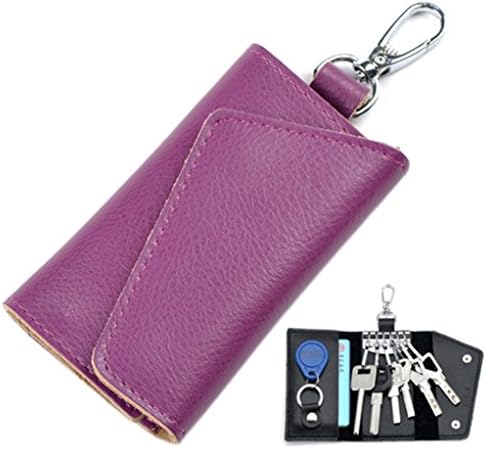 Lememogo Leather Key Case Card Wallet Pouch Car Fob key Bag Keychain Holder for Men Women Girls Boys with Hook 11x6.5 cm (Purple)