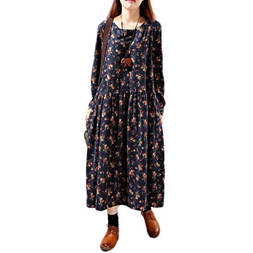 ZMMM202 2015 Autumn section The New Cotton Hemp Loose Women Dress (L, BLUE)
