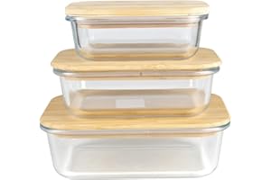 BIRAMBEAU BOITE EN VERRE Lot de 3 boites en verre, couvercles bambou -370 ML, 640 ML & 1050 ML