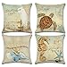 Produktbild Set mit 4 Kissenbezügen im mediterranen Stil, Baumwoll-Leinen, Meeresmotiv, dekorativer, quadratischer Kissenbezug für Zuhause oder Sofa, 45 x 45m (nur Bezug ohne Einlage) Sea Theme 1