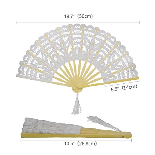 KAKOO Spitzenfächer Hand Fächer mit Buttenburg Spitze und Bambusgriff Gothic Design Für Hochzeit Kostume Tanzen Feste(Weiß) - 7