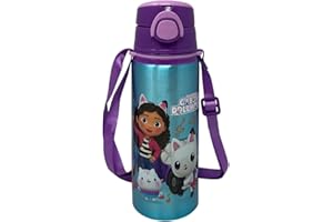 CARTOON Borraccia in alluminio con cannuccia Gabby's Dollhouse 730 ml bottiglia con apertura automatica pop-up per bambini tracolla in dotazione