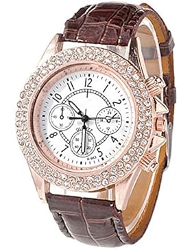 Damen Mädchen Strass Racing Stil Analog Quarz PU-Leder Armbanduhr Watch Braun