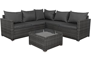 Panana Rattan Furniture Set 5 Seater Lounge Corner Sofa Set with Table Stool and Cover Garden Patio Conservatory Outdoor (Mixed Grey Wicker with Grey Cushions)