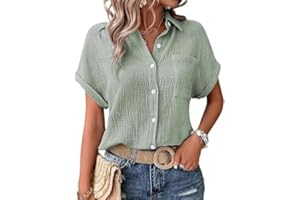 NUOKE Musselin Bluse Damen Shirts Bluse Elegant Tunics Sommer Tshirt Kurzarm Leinen Knopf Bluse Lange Oversized T-Shirt Casual für Leggings