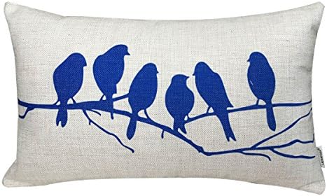 LAZAMYASA Fresh Animal Style Beautiful Rustic Birds Cotton Linen Blend Printed Cushion Cover Cotton Couch Throw Pillow Case Sham Pillowcase 12x20in (12*20inch, Blue)