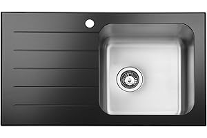 JASSFERRY Brilliant Black Glass Top Kitchen Sink Stainless Steel Single 1 Bowl Left Hand Drainer Glossy Drainboard, 860 x 500 mm