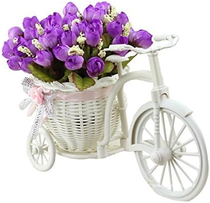 JAROWN Mini Garden Artificial Flowers Flora Silk Rose Bicycle Stand Flower Baskets for Home Office Decoration(Dark Purple)