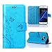Produktbild GomoBuy® Samsung Galaxy S6 Edge Lederhülle Schmetterling Weinstock Premium Schutzhülle Wallet Case Muster Design Etui Brieftasche Ledertasche mit Handschlaufe Neu Zubehör im Bookstyle Cover Schale mit Ständer Standfunktion Etui Karten Slot und Magnetverschluss Handycover (Blau)