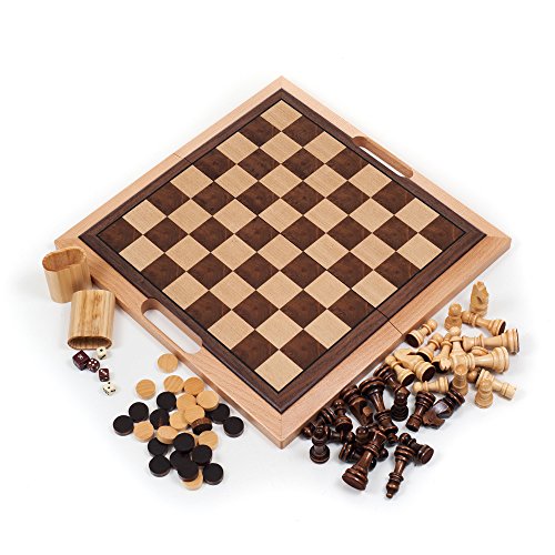 Trademark Games Deluxe Wooden Chess, Checker and Backgammon Set, Brown