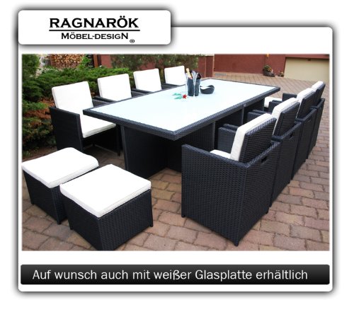 PolyRattan Essgruppe DEUTSCHE MARKE -- EIGNENE PRODUKTION Tisch + 8x Stuhl & 4x Hocker 7 Jahre GARANTIE Garten Möbel incl. Glas und Sitzkissen Ragnarök-Möbeldesign (schwarz) Gartenmöbel